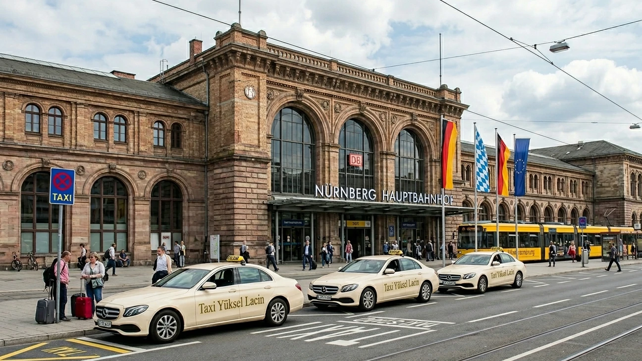 Großraum V-Klasse Taxi bringt Fahrgäste mit Gepäck zum Hauptbahnhof Nürnberg